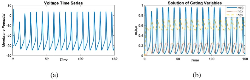 FIGURE 4: Responses of membrane potential (left) and gated variable (right) with a constant external current value, 