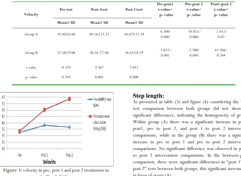 Figure 3: velocity in pre, post 1 and post 2 treatments in treadmill and tDCS group 