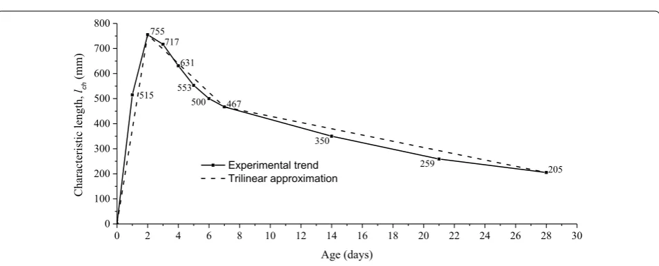 Fig. 7 Evolution of the characteristic length of the concrete with the curing age.