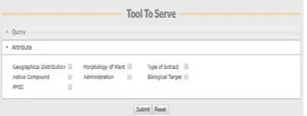 Figure 1. The front end search window having four basic search section comprising Disease, Botanical name, Family and Common name that allow the user to make an input of interest
