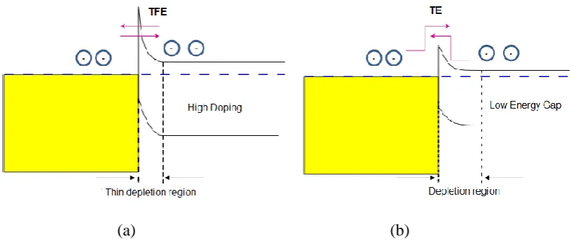 Figure 2.6  Current conduction at Ohmic contact (a) via TFE in highly doped semiconductor 