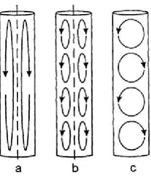 Figure 2.6: Liquid circulation patterns in bubble columns, a) large-scale overall 