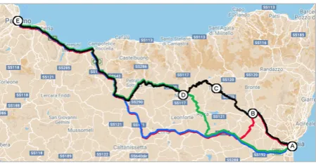 Figure 1Different routes connecting Catania (A) to Palermo (E) in 