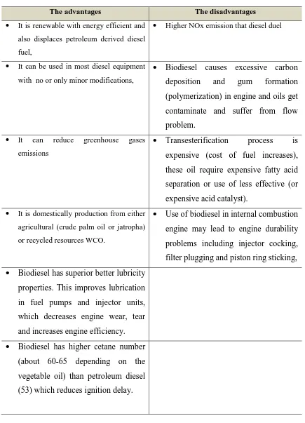Table 2.3: Advantages and Disadvantages Using Biodiesel as replacement fossil oil 