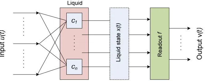 Figure 2-5: The LSM architecture consists of three main layers: input neuron layer, liq-uid state layer and readout function layer
