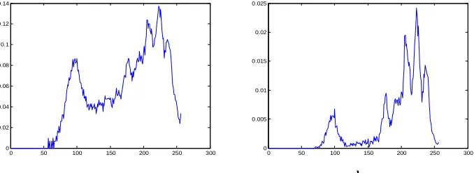 Fig 2 The region inner histogram after divided by the gradient (a is divided by mean-gradient and b is divided by 1/2 mean gradient of a                                                                                       b  image) 