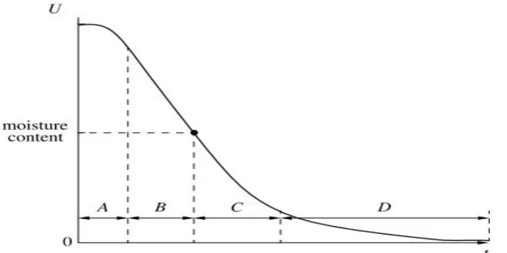 Figure 2.5: A typical moisture content profile. (A) Warm-up period. (B) Constantrate period