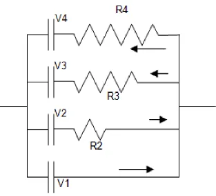Fig. 3  Self-charging and discharging within the activated carbon electrode (unipolar) When self-charging and discharging is completed, V1=V2=V3=V4 