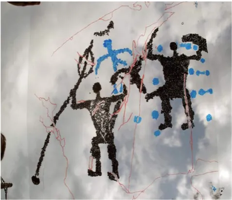Figure 2.  Pagherina R. 2. Pair of warriors from medium- Iron Age in overlapping forms of cups and schematic anthropomorphic (in blue) of the Bronze Age