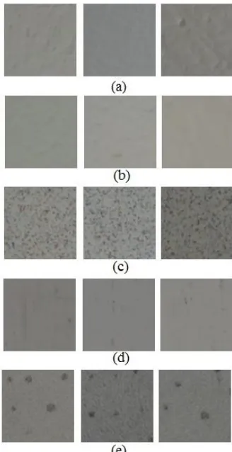 Figure 1: Samples of the collected material surface images;  (a) concrete wall, (b) wooden wall, (c) floor, (d) wooden door, and (e) ceiling