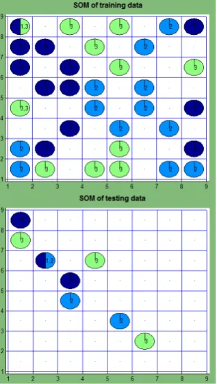 Fig. 6. In the center of the map, there are data items from the third class. The majority of data from the second class are in the left bottom corner, only one 