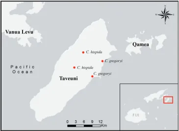 Figure 3. Distribution of Cyrtandra gregoryi and C. hispida on Taveuni, Fiji.