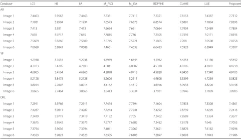 Table 6 Peak signal-to-noise ratio value comparison between results obtained using different enhancement methods on threedifferent standard benchmark face datasets