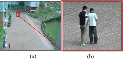 Figure 1.Cooperation scenario of wide-angle and PTZ cameras: (a) an object on the image of a wide-angle camera, (b) the close-up image captured by a PTZ camera 