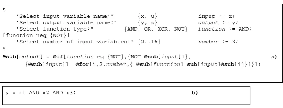 Figure 7. Encoding of FD given in Figure 3 using Open PROMOL (a); (b) one of derivative instances