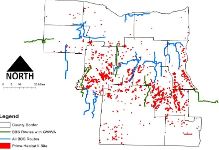 Figure 15. Breeding Bird Survey routes with and without GWWA.  