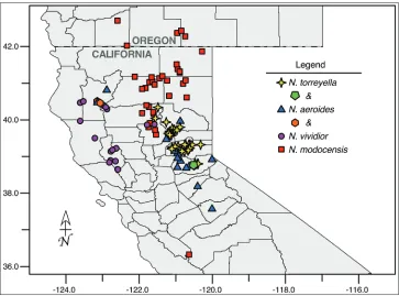 Figure 4. Distribution of Navarretia vividior (circles), N. modocensis (squares), N. aeroides (triangles), and N