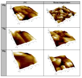 Fig. 5: AFM images and membrane surface roughness (Ra) value of ceramic membranes, (a) 3oC/60g; (b) room temperature/60g; (c) 3oC/70g; (d) room temperature/70g ;(e) 3oC/80g; (f) room temperature/80g