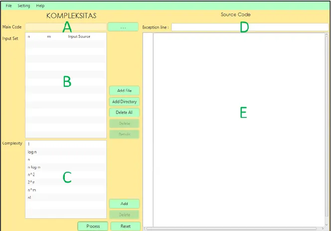 Fig. 2. J-CEL’s UI for accepting three input components: an arbitrary source code, source code input set, and time complexity equations