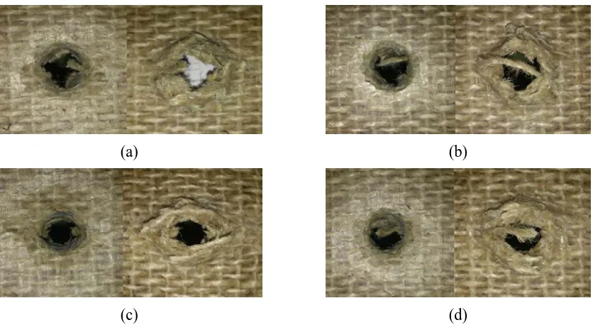 Fig. 4 Damaged zones aroud the perforated holes impacted using different speeds, (a) 0°, (b) 15°, (c) 30° and (d) 45° (Left: Front face and Right: Back face)