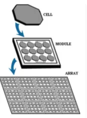 Figure 2.5: Photovoltaic cell, module and array 