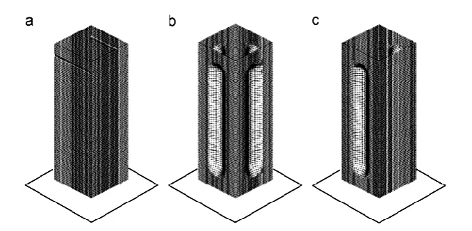 Figure 2.11:  Finite element models of three types of tube: (a) conventional tube without  groove; (b) tube with four grooves i.e