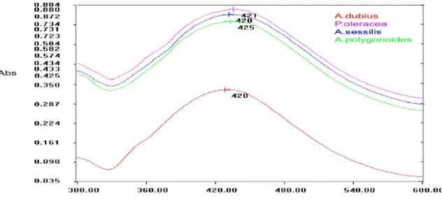 Fig. 2 UV-Visible spectrum of the nanosilver synthesized using  A. dubius, A. polygonoides, A