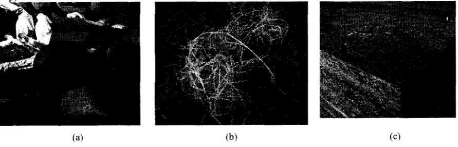 Figure l. (a) Shredding a log (b) Wood-wool (c) Wood-wool cement composite panel (WWCP)