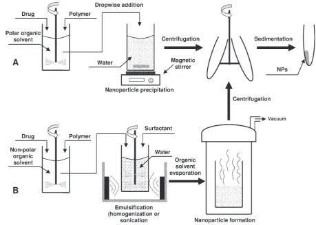 Fig. 1. Two approaches of polymeric nanoparticle preparation: (A) precipitation, (B) emulsification and solvent evap-oration