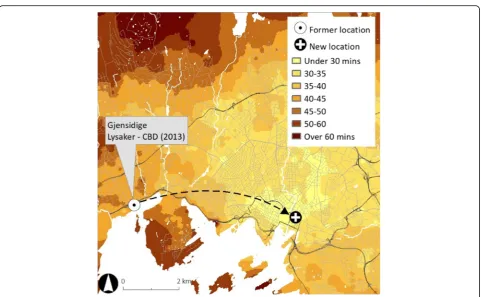 Fig. 2 The former and new locations (see the label and arrow direction) of the insurance firm Gjensidige in Oslo