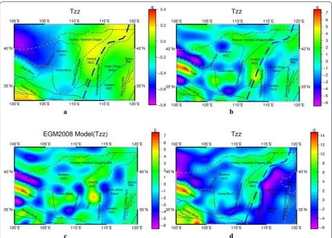 Fig. 2 a The gravity gradient effect Tzz after average orbital correction to the altitude of 250 km