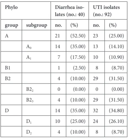 Table 3. Combination of beta-lactamase genes in 40 diarrheic and 92 UTI isolates in relation to phylogenetic groups/subgroups