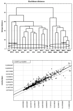 Fig. 1. Dendrogram of 15 nasal polyps (eosinophilic polyps (EP), non-eosino-philic polyps (NP)) and 8 normal mucosa (NM) samples using cluster analysis based on the Euclidean distance with 582 human NF-κB-dependent genes repre-sented on the HG-U133A GeneChip