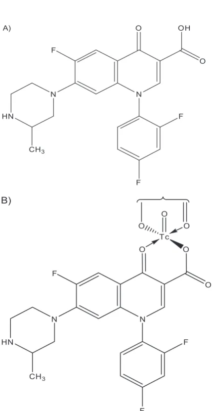 Fig. 1. A) Chemical structure of the temafloxacin (TMC); B) Speculated structure of the 99mTc-TMC complex 