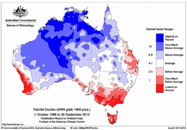 Figure 2.2 Australian rainfall deciles for the 14 years from October 1996 to September 2010  (Bureau of Meteorology (BoM), 2010) 