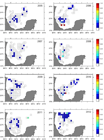 Figure 9.  Monthly spatial distribution of bluefin tuna (BFT) to 100 yellowfin tuna (YFT) catch ratio during the month of peaked BFT occurrence (March) in Mexican waters of the Gulf of Mexico for 2005 to 2012 fishing years