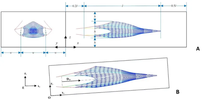 Figure 7.  Dimensions of trawl net computational domain(A), and the relative relation between coordinate system and absolute coordinate system in computing domain(B)