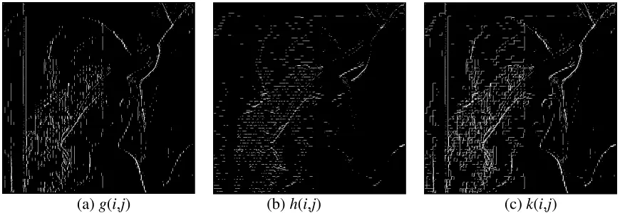 Fig. 2: Proposed method edgemap detection edgemap, h(i,j), (c) Combination of vertical and horizontal edgemap result: (a) Vertical detection edgemap, g(i,j)), (c) Combination of vertical and horizontal detection edgemap,), (b) Horizontal detection edgemap, k(i,j) 