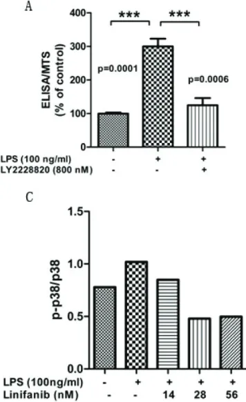 Figure 4. FGFR3-p38 signaling regulates PTX expression. A. p38 inhibitor LY2228820 reduced the PTX-3 secretion induced by LPS in U937 cells.( **, p<0.01; ***, p<0.001), Error bars show data ±standard error