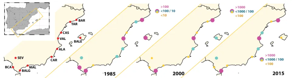 Fig. 1 Location of the SpanishMed ports and container throughput (in 1000 TEU) for 1985, 2000 and 2015