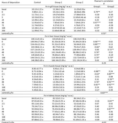 Table 3.  Changes in Fe concentration in gills, liver, muscle and kidney during 336 hours of depuration period after the previous  exposure to Cu