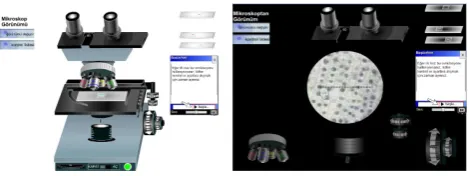 Figure 1.  Sample screenshot images from the interactive microscope simulation (a. View of the microscope, b