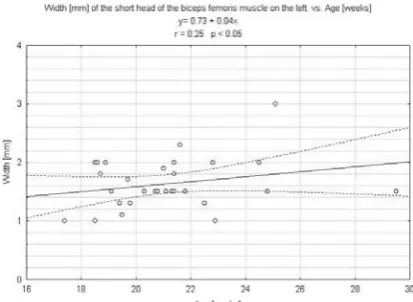 Fig. 7. Regression line for the width (y) of the short head on the right side versus fetal age (x)