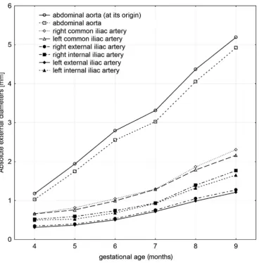 Fig. 2. growth of the absolute external diameters of the abdominal aorta and iliac arteriesRyc