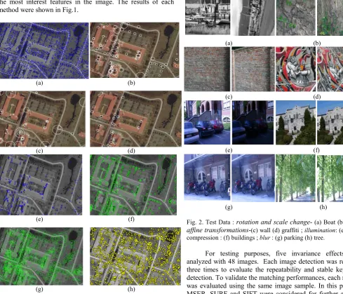 Fig. 2. Test Data : rotation and scale change- (a) Boat (b) Bark ; affine transformations-(c) wall (d) graffiti ; illumination: (e) light ; compression : (f) buildings ; blur : (g) parking (h) tree