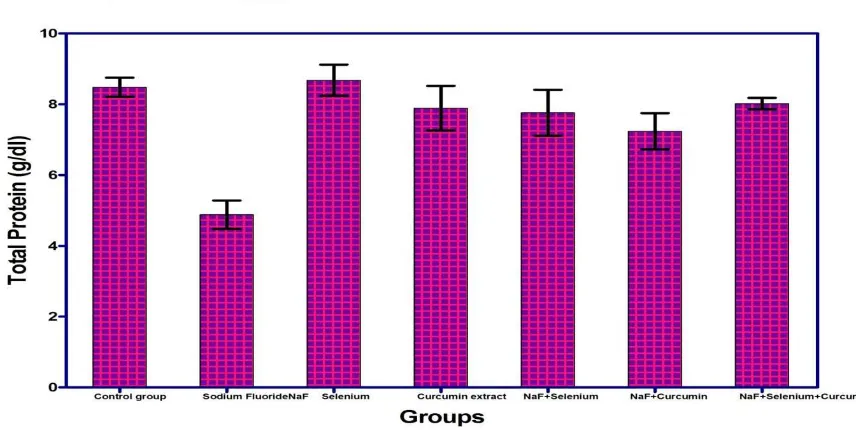 Fig.(1): Effect of Sodium fluoride (10.3 mg/kg), Selenium (0.5 mg/ Kg), Curcumin extract (60 mg/Kg) and their combinations on Total protein (g/dl) in male mice 3.1.2