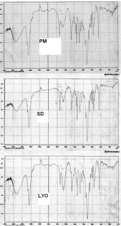 Fig. 7. FTIR spectra of a physical mixture (PM), solid dispersion (SD) and lyophilized solid dispersion (LYO) of ARMN-PVP K30 and PEG6000 at a 1 : 9 ratio