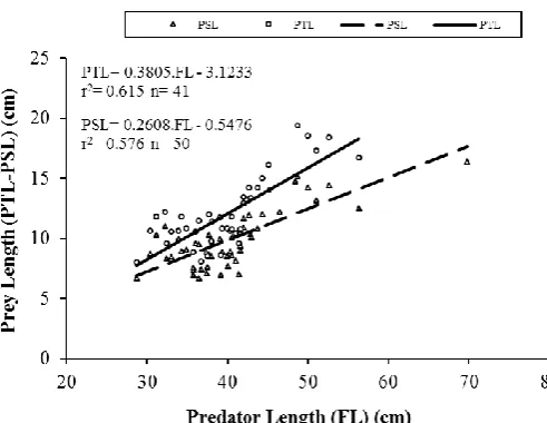 Figure 6 . Linear regressions of prey total body length (PTL) and prey standard body length (PSL) on predator length (FL) in pike