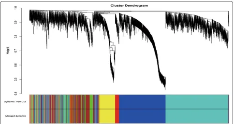 Fig. 3 Clustering of genes together with assigned module colors. The dissimilarity was based on topological overlap