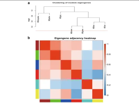 Fig. 4 a Hierarchical clustering of module hub genes in the clustering analysis. Branches of the dendrogram group together with hub genes thatare positively correlated